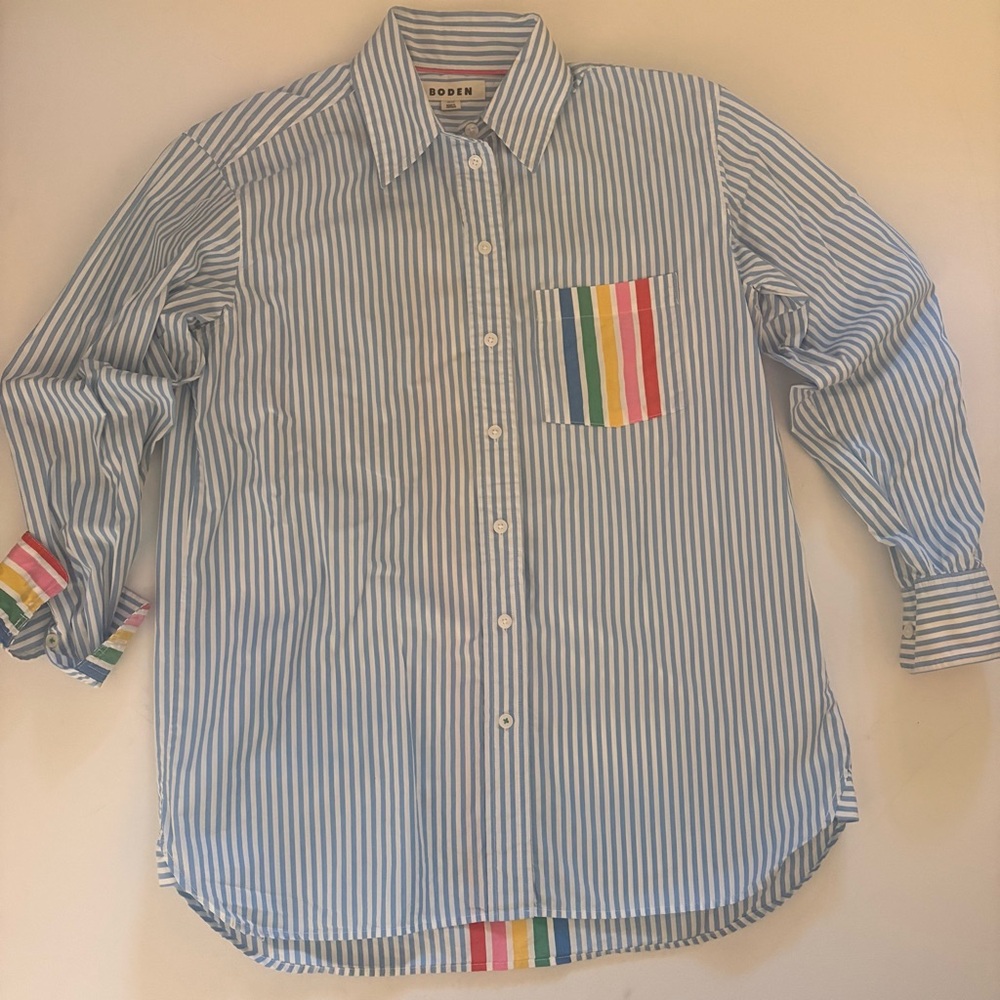 Boden Blue and White Striped Button-Down Shirt with Rainbow Pocket